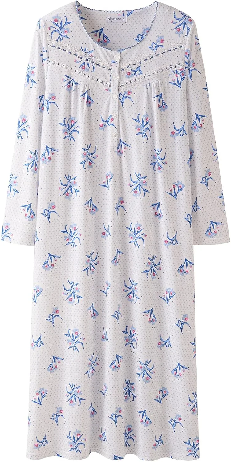 Keyocean Nightgowns for Women, Soft Cotton Comfortable Lightweight Long-Sleeve Ladies Night Dresses
