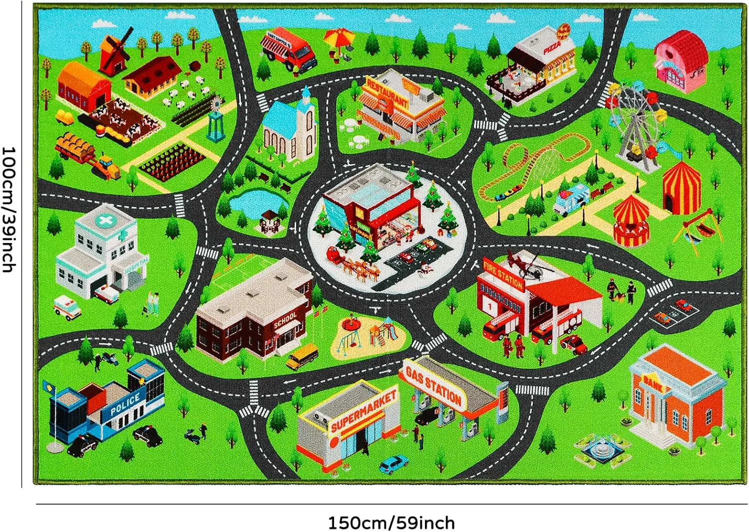 Kids Car Rug Play Mat, City Map Educational Car Mat for Playroom Boys Bedroom Classroom, 59X39.4 INCH, Green, Red, Yellow, Blue