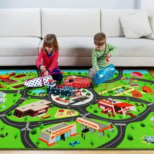 Kids Car Rug Play Mat, City Map Educational Car Mat for Playroom Boys Bedroom Classroom, 59X39.4 INCH, Green, Red, Yellow, Blue