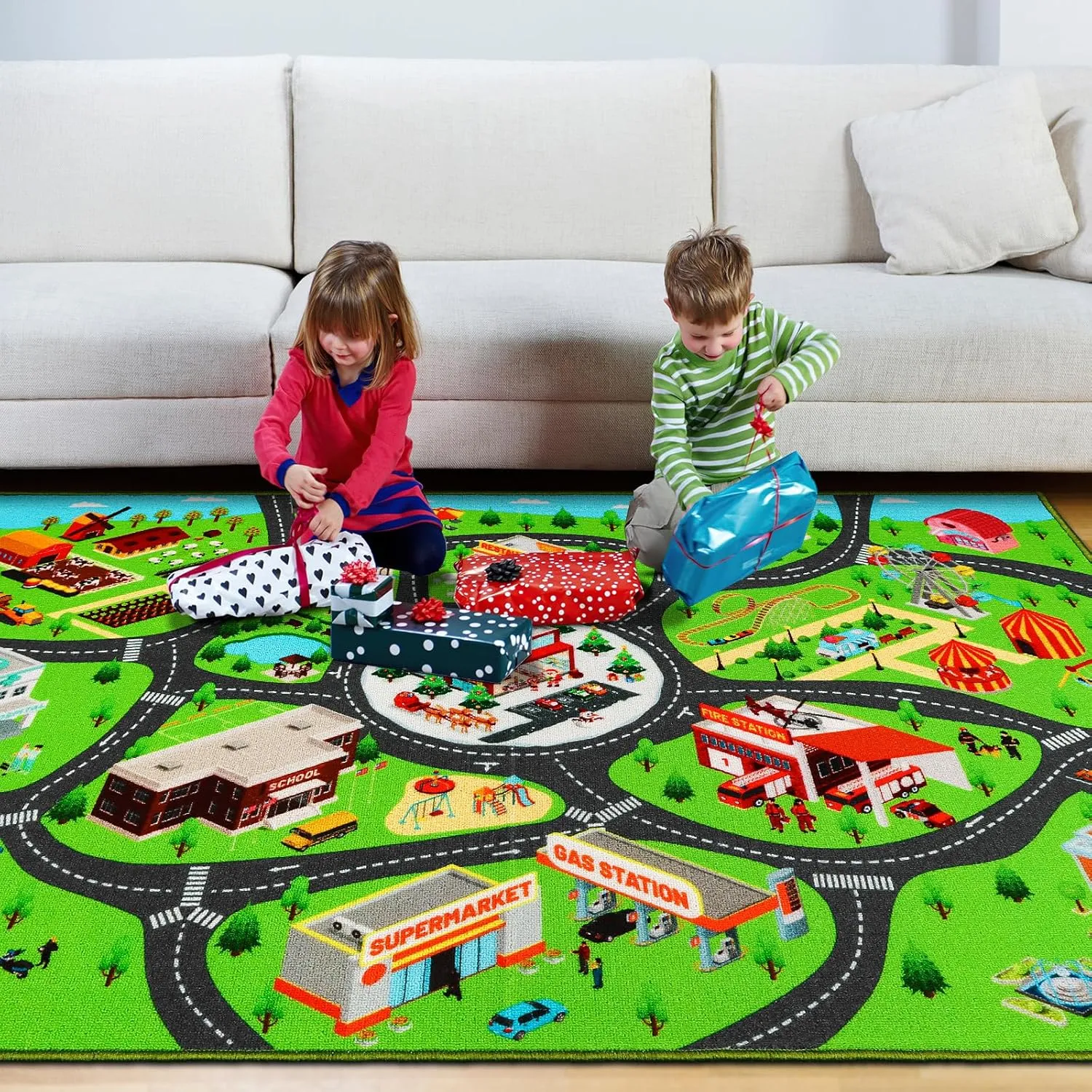 Kids Car Rug Play Mat, City Map Educational Car Mat for Playroom Boys Bedroom Classroom, 59X39.4 INCH, Green, Red, Yellow, Blue