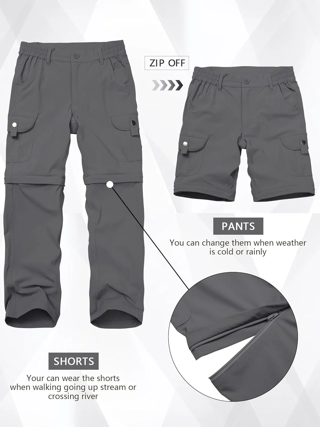 Kids' Cargo Pants, Boys Convertible Hiking Pants, Boy Zip Off Outdoor Casual Pants Quick Dry Climbing Trousers for Youth