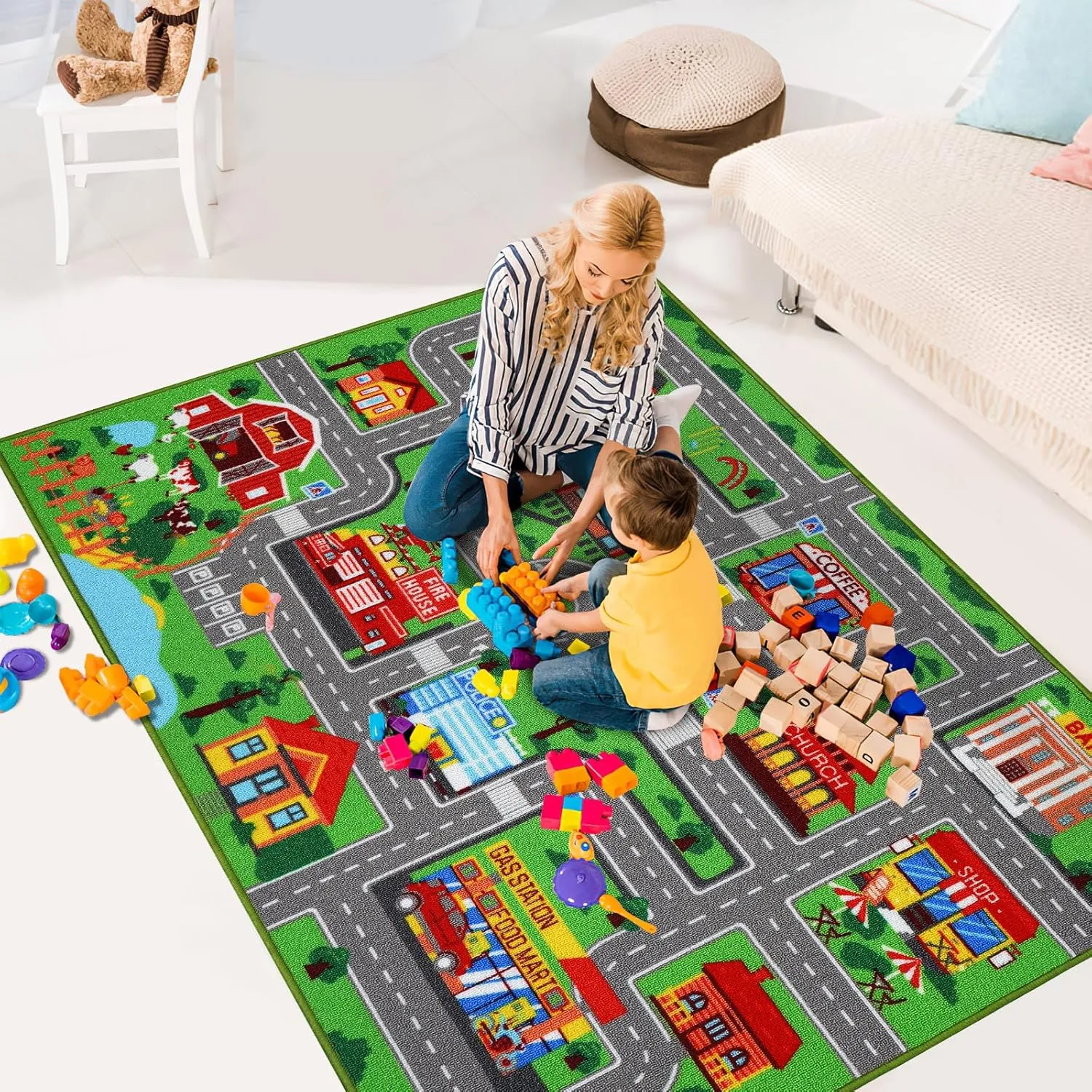 Kids Carpet Playmat Rug 59"x39.4", Car Rug for Kids Cars, Non-Slip Town City Road Map Kids Rug for Playroom Bedroom Boys, Kids Car Mat Road Rug, Track Rug Car Play Rug for Kids (59X39.4Inch,Green)