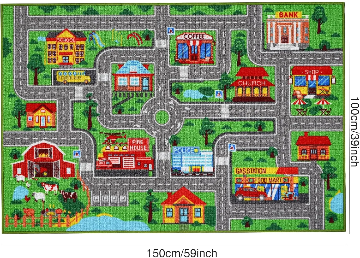 Kids Carpet Playmat Rug 59"x39.4", Car Rug for Kids Cars, Non-Slip Town City Road Map Kids Rug for Playroom Bedroom Boys, Kids Car Mat Road Rug, Track Rug Car Play Rug for Kids (59X39.4Inch,Green)