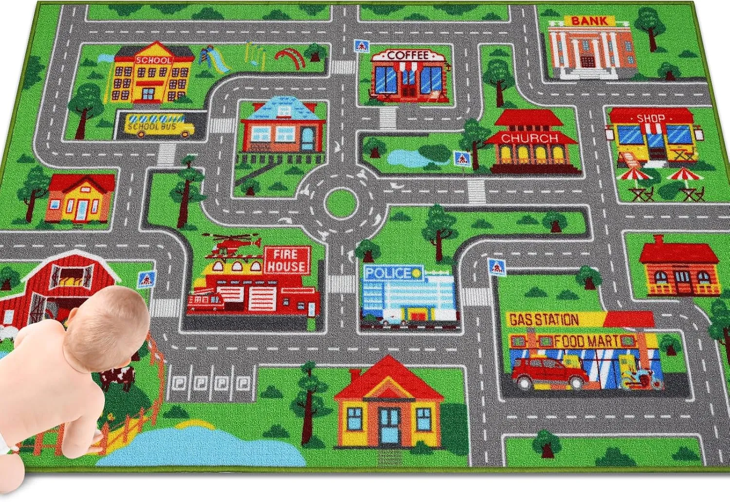 Kids Carpet Playmat Rug 59"x39.4", Car Rug for Kids Cars, Non-Slip Town City Road Map Kids Rug for Playroom Bedroom Boys, Kids Car Mat Road Rug, Track Rug Car Play Rug for Kids (59X39.4Inch,Green)