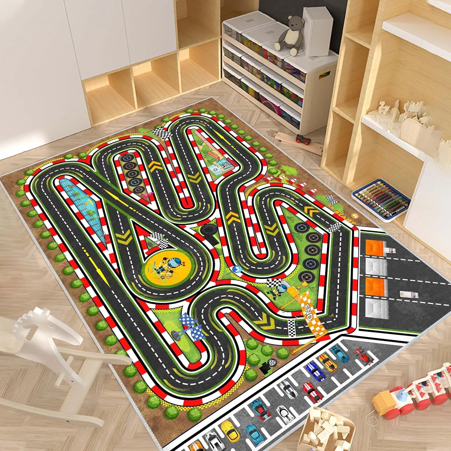 Kids Racing Rug Car Road Kid Rug Carpet Playmat for Playoom Traffic Road Kid Play Mat for Bedroom，Kids Educational City Traffic Road map Fun Carpet (Brown, 2.6ftx3.9ft)