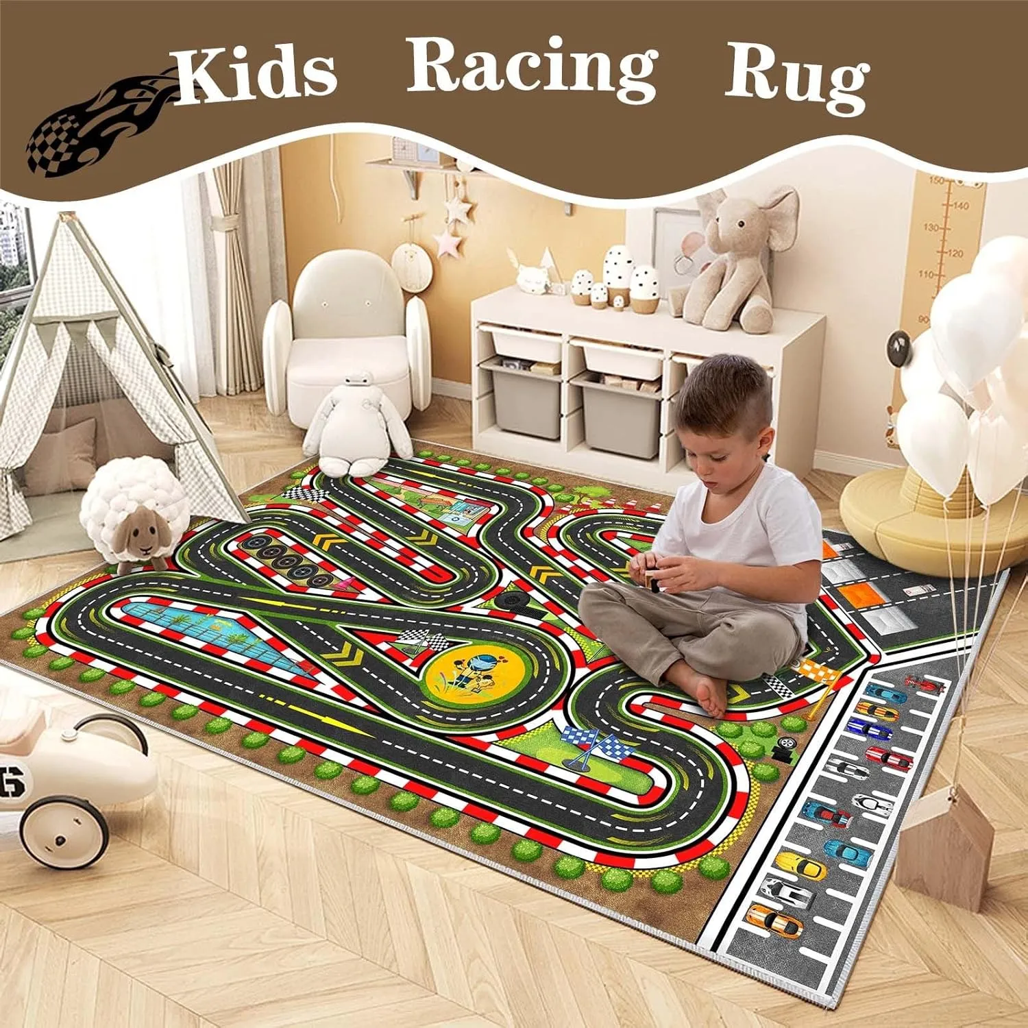 Kids Racing Rug Car Road Kid Rug Carpet Playmat for Playoom Traffic Road Kid Play Mat for Bedroom，Kids Educational City Traffic Road map Fun Carpet (Brown, 2.6ftx3.9ft)