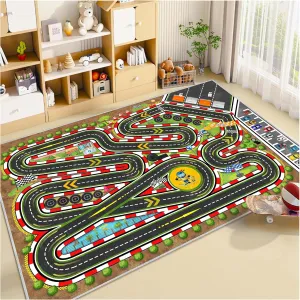 Kids Racing Rug Car Road Kid Rug Carpet Playmat for Playoom Traffic Road Kid Play Mat for Bedroom，Kids Educational City Traffic Road map Fun Carpet (Brown, 2.6ftx3.9ft)