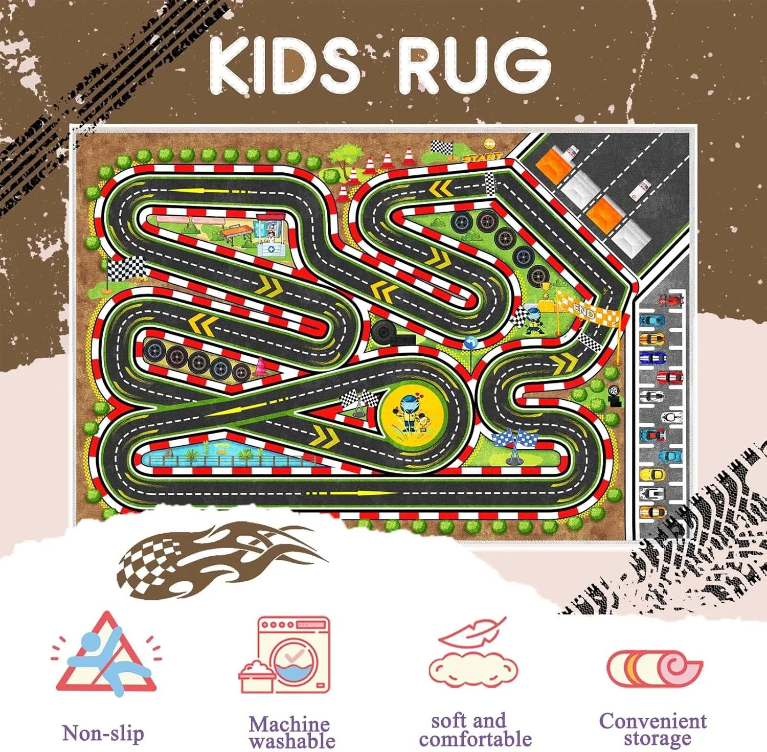 Kids Racing Rug Car Road Kid Rug Carpet Playmat for Playoom Traffic Road Kid Play Mat for Bedroom，Kids Educational City Traffic Road map Fun Carpet (Brown, 2.6ftx3.9ft)
