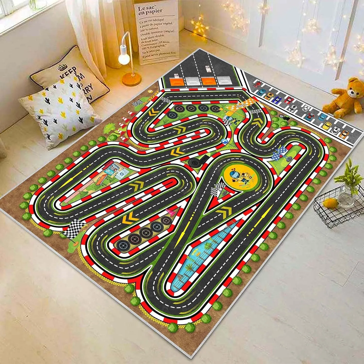 Kids Racing Rug Car Road Kid Rug Carpet Playmat for Playoom Traffic Road Kid Play Mat for Bedroom，Kids Educational City Traffic Road map Fun Carpet (Brown, 2.6ftx3.9ft)