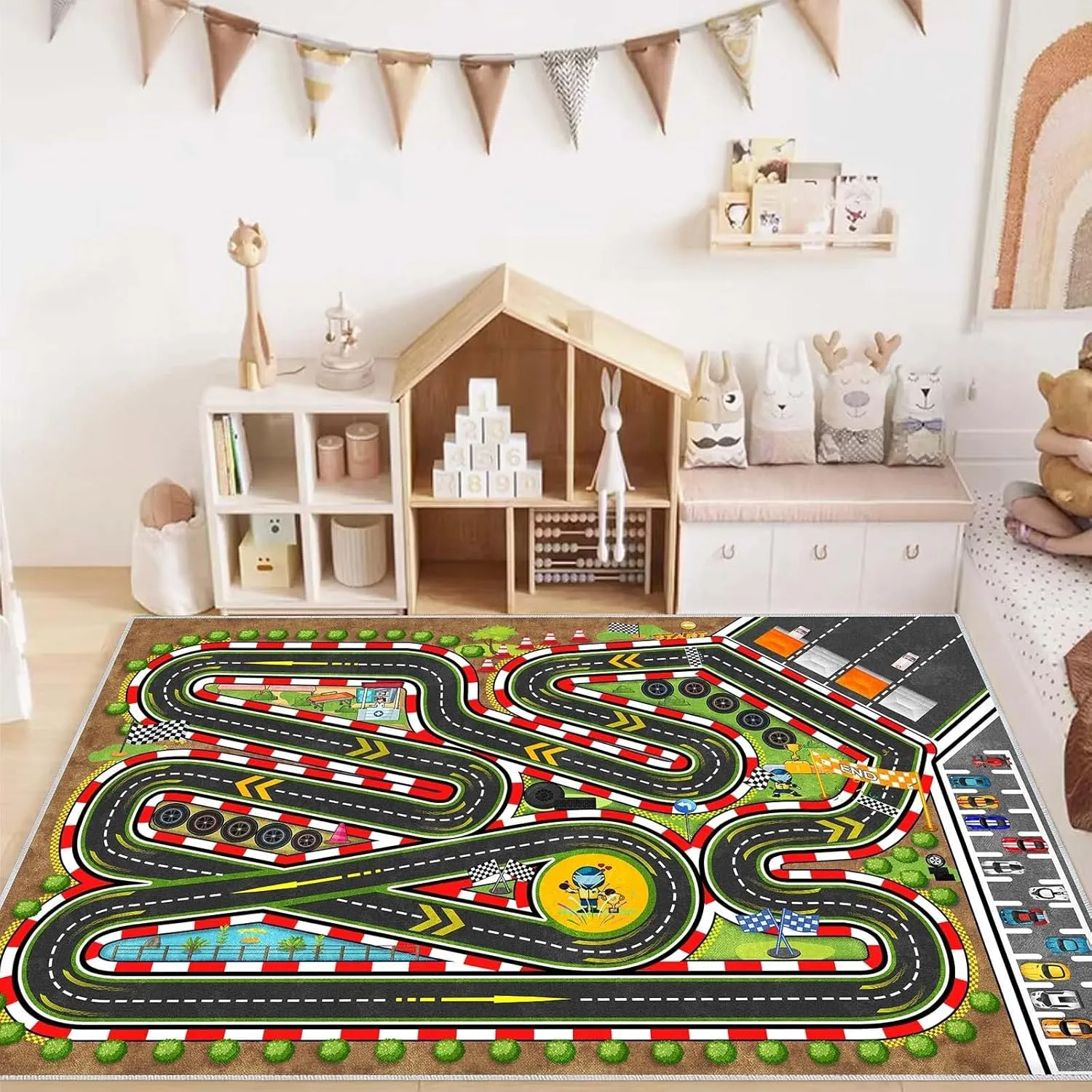 Kids Racing Rug Car Road Kid Rug Carpet Playmat for Playoom Traffic Road Kid Play Mat for Bedroom，Kids Educational City Traffic Road map Fun Carpet (Brown, 2.6ftx3.9ft)