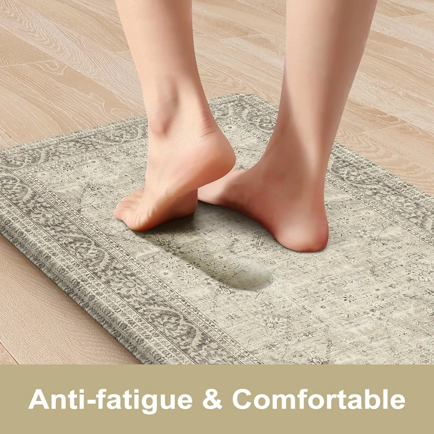 KIMODE Anti Fatigue Kitchen Mat, Cushioned Farmhouse Kitchen Runner Rug, Non Slip Waterproof Kitchen Mat for Floor, Comfort Foam Standing Desk Mat for Laundry, Office, Sink Light Khaki 17.3"x59"