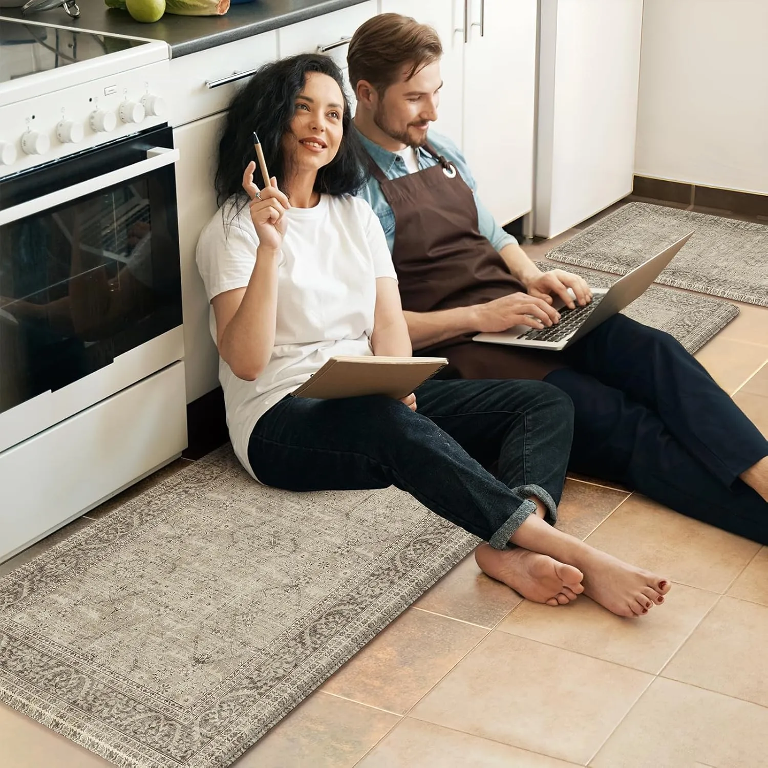 KIMODE Anti Fatigue Kitchen Mat, Cushioned Farmhouse Kitchen Runner Rug, Non Slip Waterproof Kitchen Mat for Floor, Comfort Foam Standing Desk Mat for Laundry, Office, Sink Light Khaki 17.3"x59"
