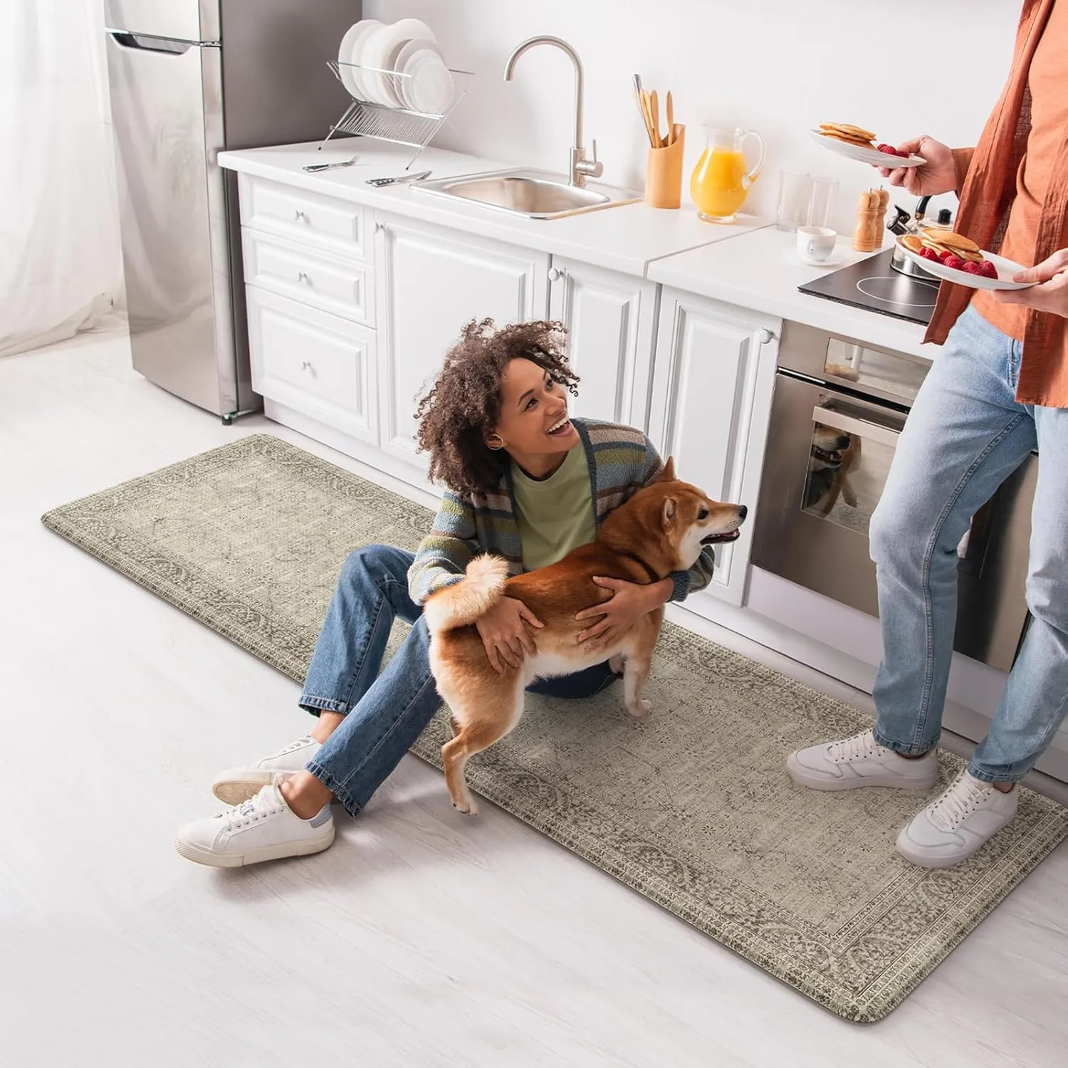 KIMODE Anti Fatigue Kitchen Mat, Cushioned Farmhouse Kitchen Runner Rug, Non Slip Waterproof Kitchen Mat for Floor, Comfort Foam Standing Desk Mat for Laundry, Office, Sink Light Khaki 17.3"x59"