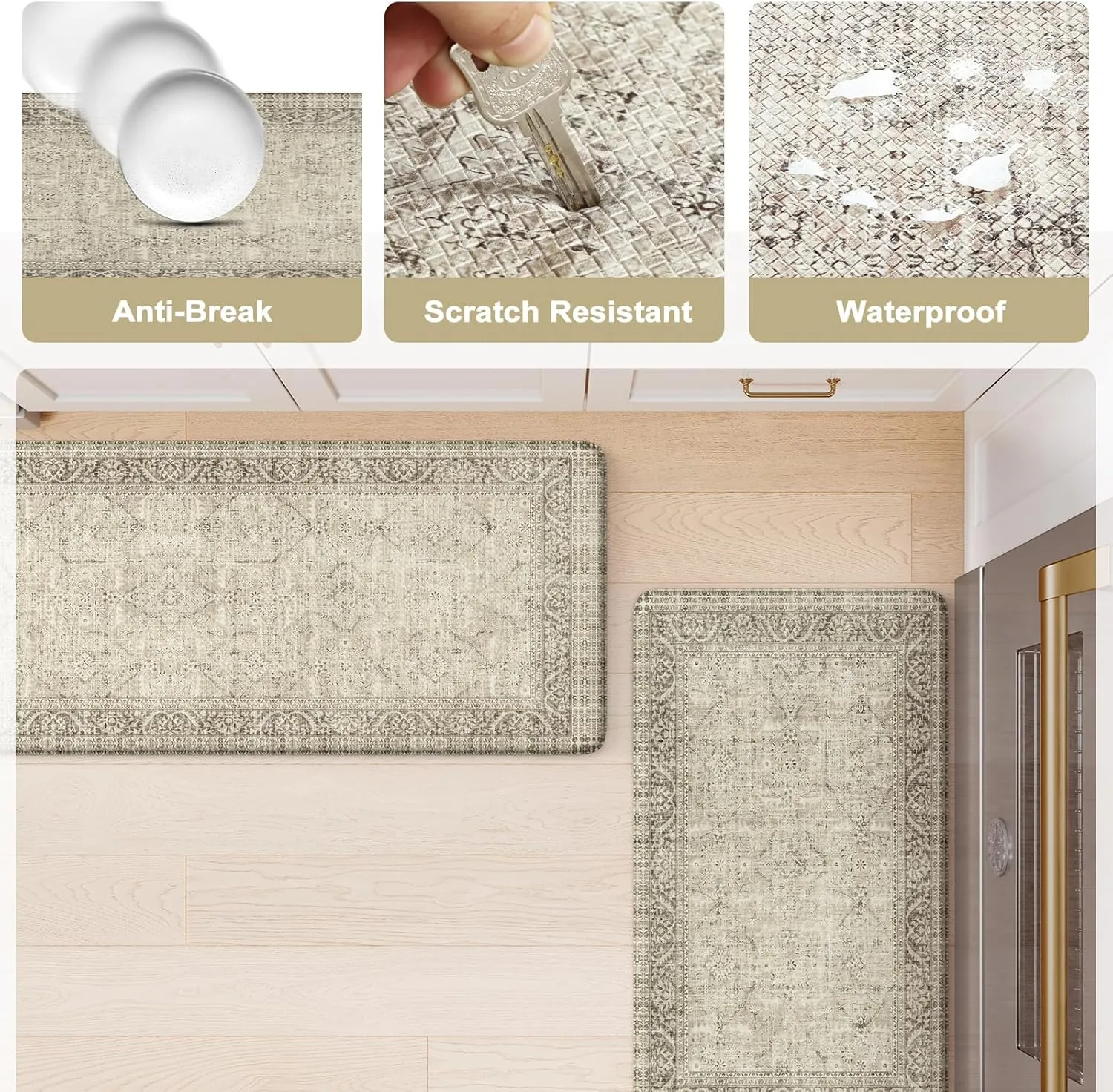 KIMODE Anti Fatigue Kitchen Mat, Cushioned Farmhouse Kitchen Runner Rug, Non Slip Waterproof Kitchen Mat for Floor, Comfort Foam Standing Desk Mat for Laundry, Office, Sink Light Khaki 17.3"x59"