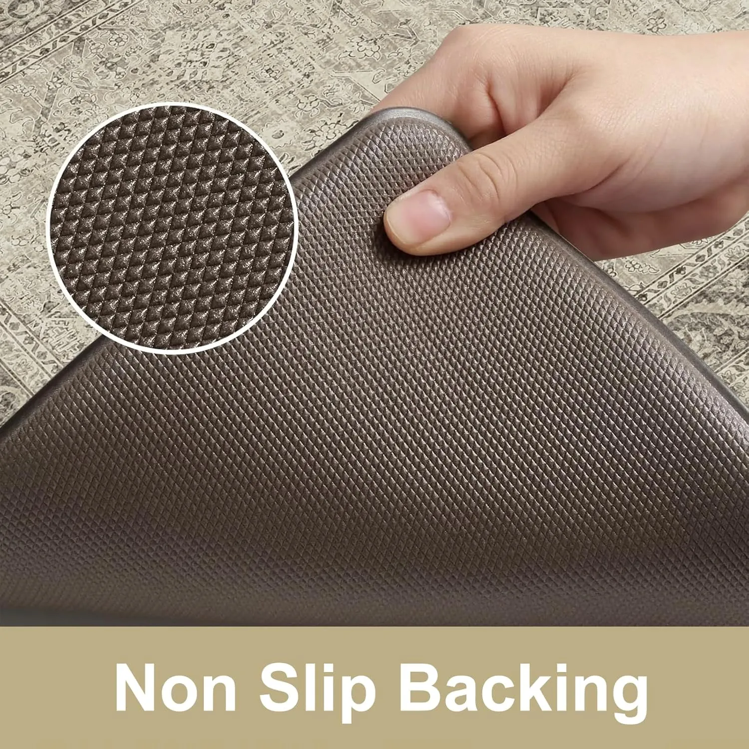 KIMODE Anti Fatigue Kitchen Mat, Cushioned Farmhouse Kitchen Runner Rug, Non Slip Waterproof Kitchen Mat for Floor, Comfort Foam Standing Desk Mat for Laundry, Office, Sink Light Khaki 17.3"x59"