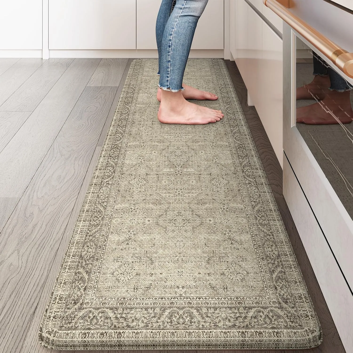 KIMODE Anti Fatigue Kitchen Mat, Cushioned Farmhouse Kitchen Runner Rug, Non Slip Waterproof Kitchen Mat for Floor, Comfort Foam Standing Desk Mat for Laundry, Office, Sink Light Khaki 17.3"x59"