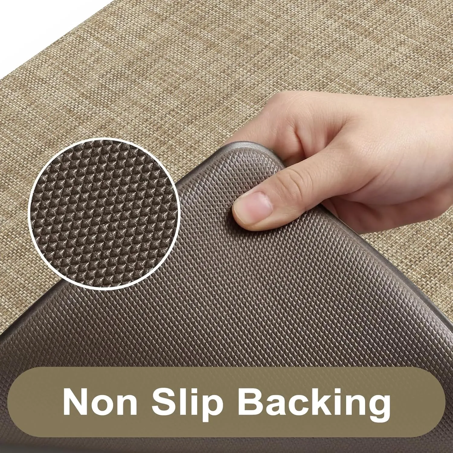 KIMODE Anti Fatigue Kitchen Mat for Floor, 17.3"x29" Cushioned Farmhouse Kitchen Rug, Non Slip Waterproof Kitchen Floor Mat, Comfort Textilene Standing Mat for Laundry Office Sink Desk Light Brown