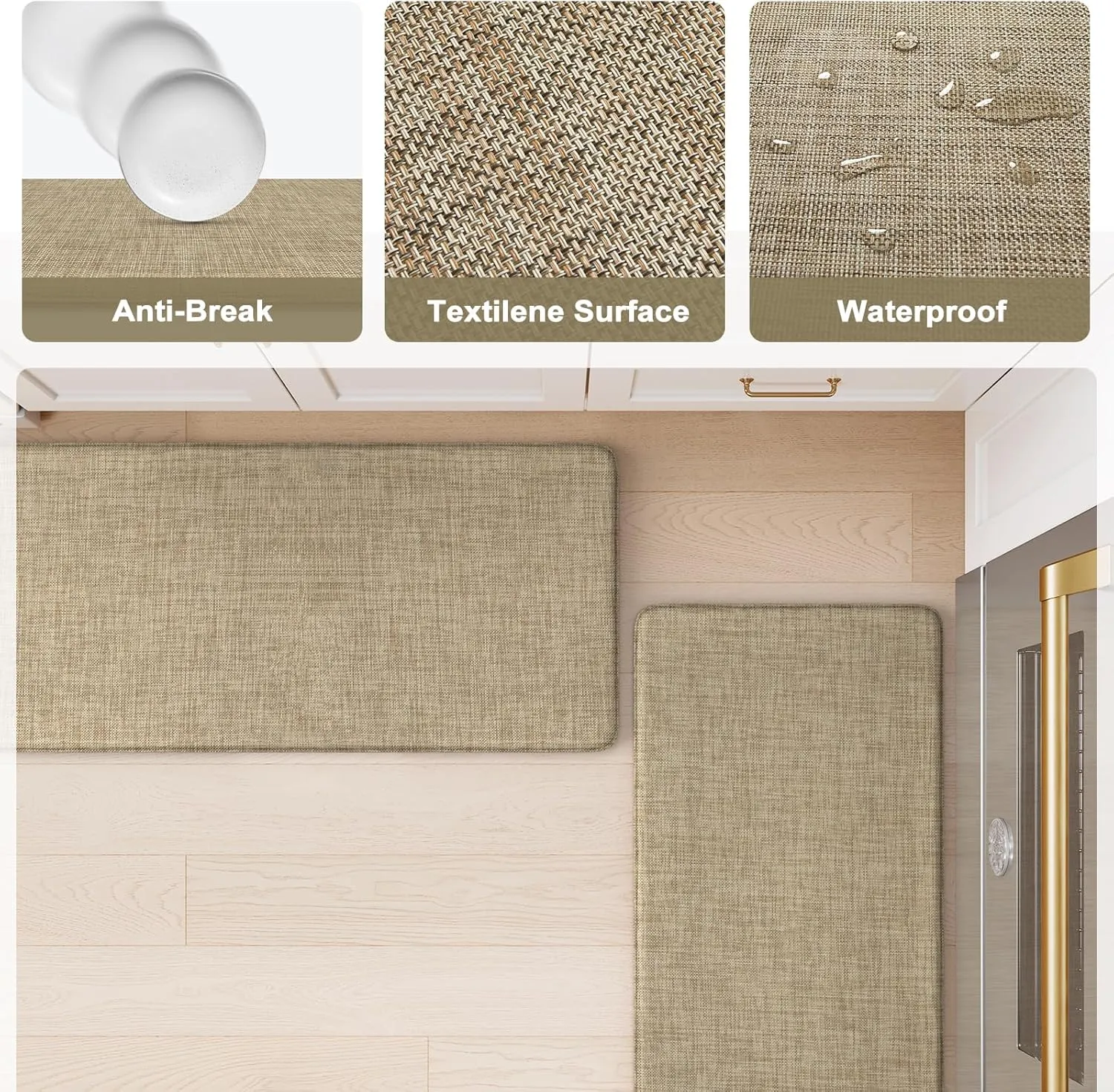 KIMODE Anti Fatigue Kitchen Mat for Floor, 17.3"x29" Cushioned Farmhouse Kitchen Rug, Non Slip Waterproof Kitchen Floor Mat, Comfort Textilene Standing Mat for Laundry Office Sink Desk Light Brown