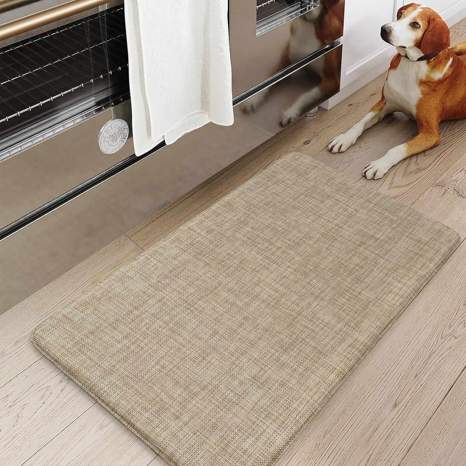 KIMODE Anti Fatigue Kitchen Mat for Floor, 17.3"x29" Cushioned Farmhouse Kitchen Rug, Non Slip Waterproof Kitchen Floor Mat, Comfort Textilene Standing Mat for Laundry Office Sink Desk Light Brown