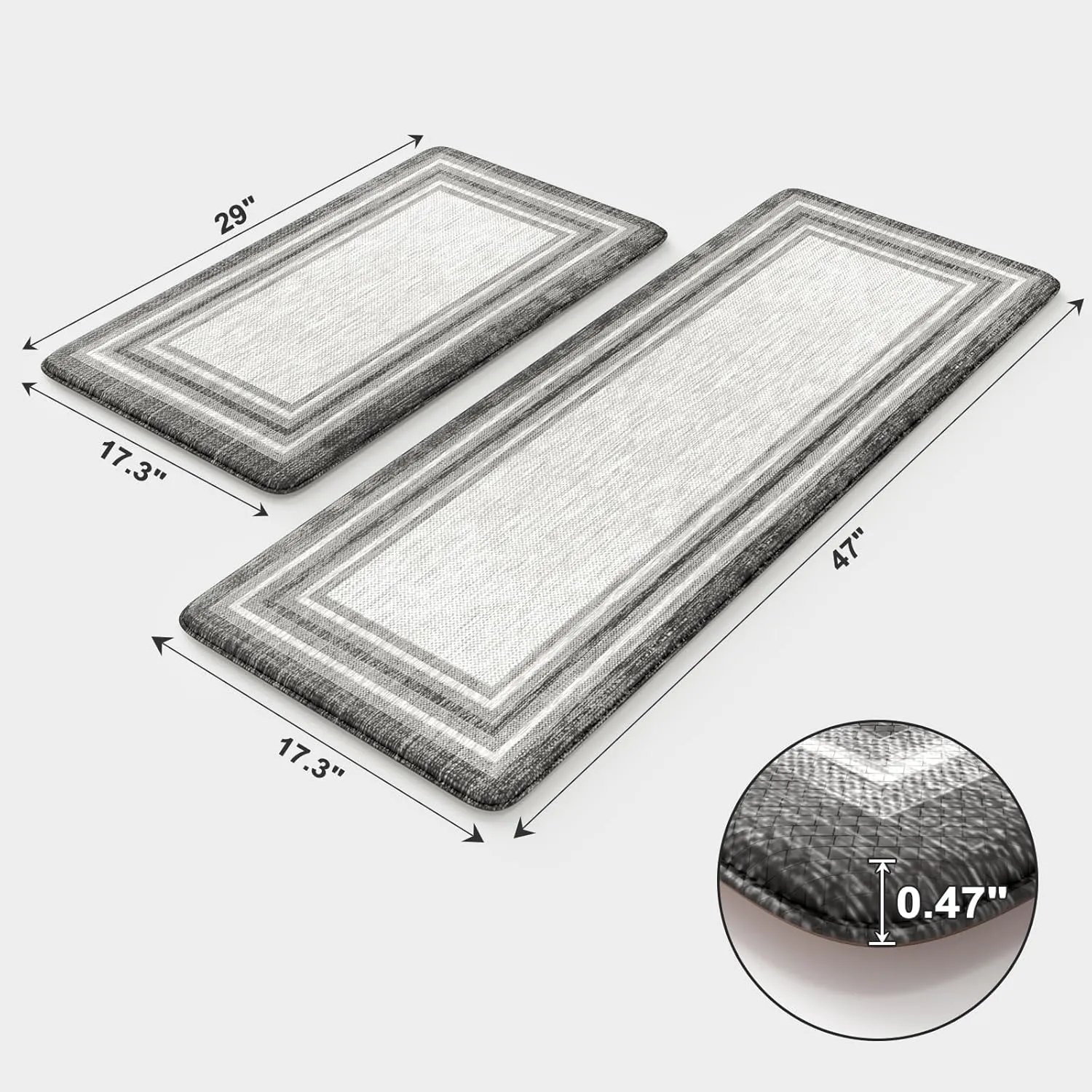 KIMODE Anti Fatigue Kitchen Mats for Floor 2PCS,17"x47" 17"x29" Farmhouse Kitchen Rugs Non Slip Rubber Backing,Waterproof Cushioned Standing Mat for Office,Laundry,Sink,Desk,Grey