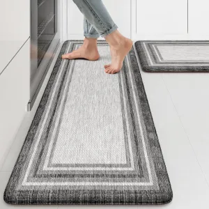 KIMODE Anti Fatigue Kitchen Mats for Floor 2PCS,17"x47" 17"x29" Farmhouse Kitchen Rugs Non Slip Rubber Backing,Waterproof Cushioned Standing Mat for Office,Laundry,Sink,Desk,Grey
