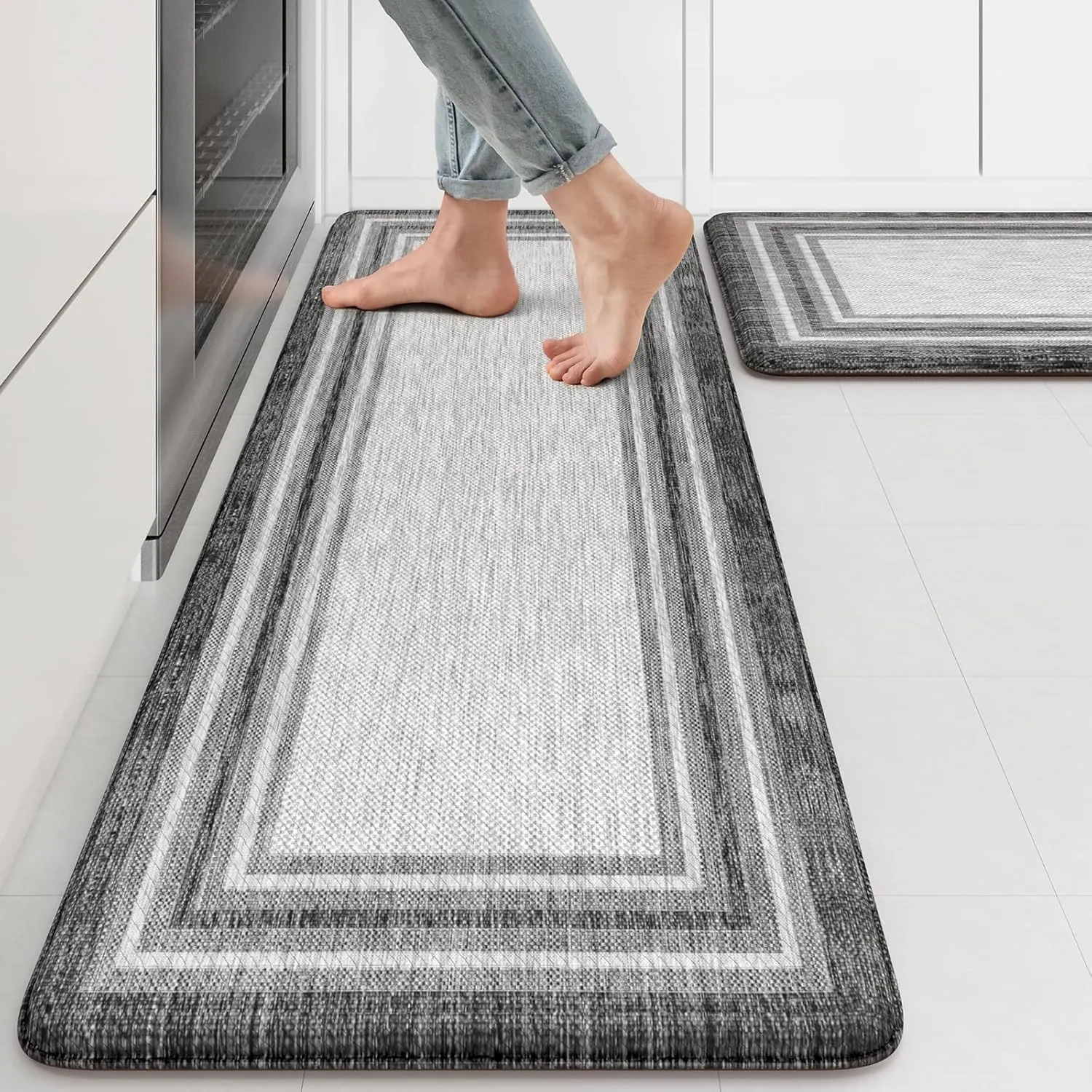 KIMODE Anti Fatigue Kitchen Mats for Floor 2PCS,17"x47" 17"x29" Farmhouse Kitchen Rugs Non Slip Rubber Backing,Waterproof Cushioned Standing Mat for Office,Laundry,Sink,Desk,Grey