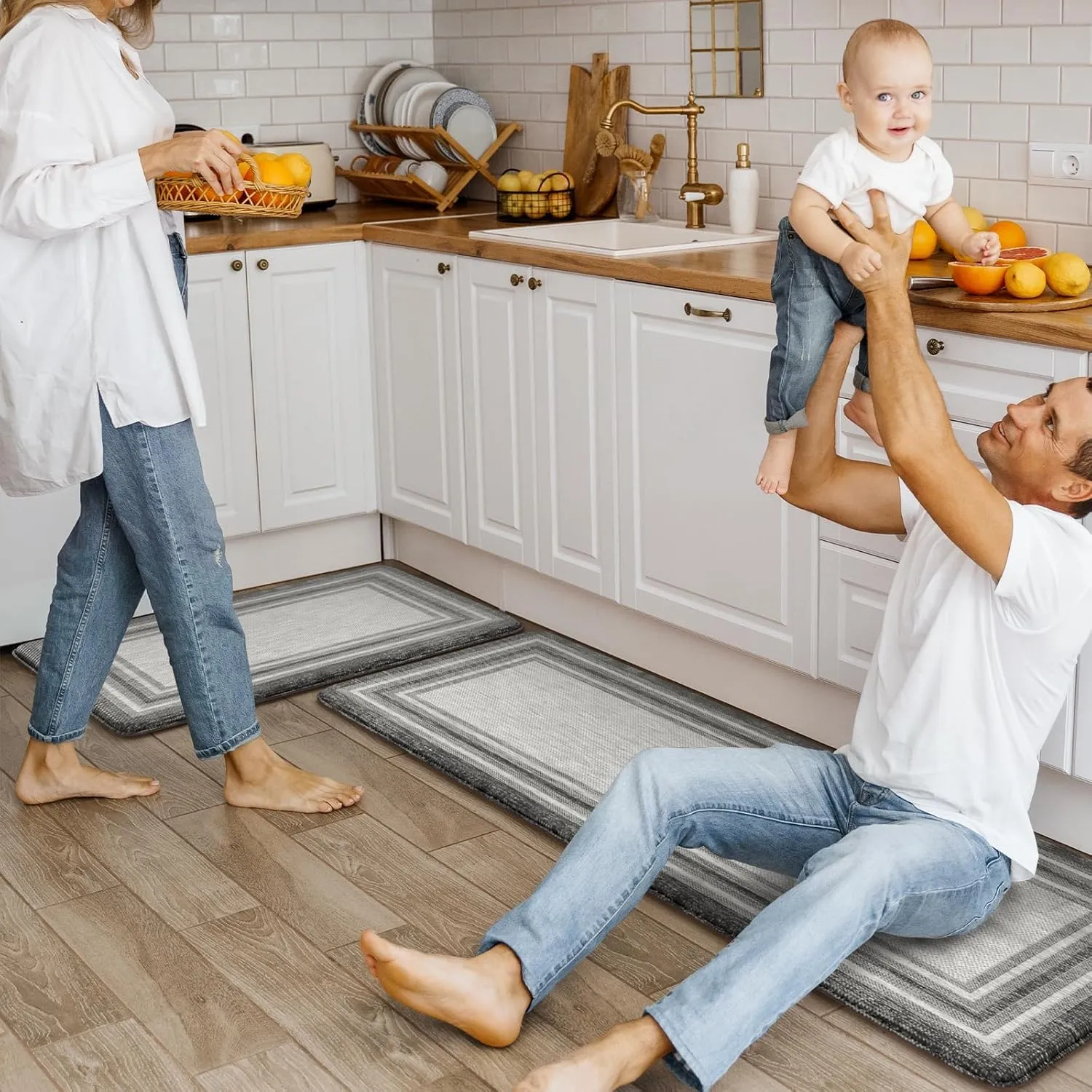 KIMODE Anti Fatigue Kitchen Mats for Floor 2PCS,17"x47" 17"x29" Farmhouse Kitchen Rugs Non Slip Rubber Backing,Waterproof Cushioned Standing Mat for Office,Laundry,Sink,Desk,Grey