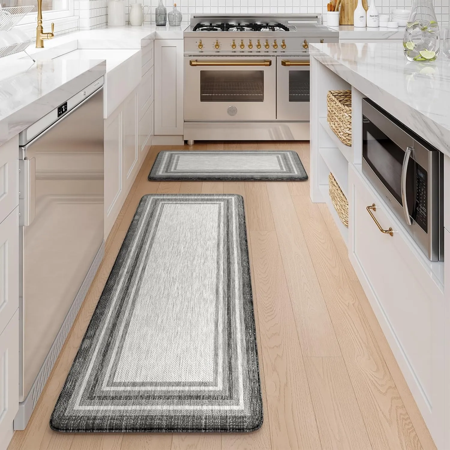 KIMODE Anti Fatigue Kitchen Mats for Floor 2PCS,17"x47" 17"x29" Farmhouse Kitchen Rugs Non Slip Rubber Backing,Waterproof Cushioned Standing Mat for Office,Laundry,Sink,Desk,Grey