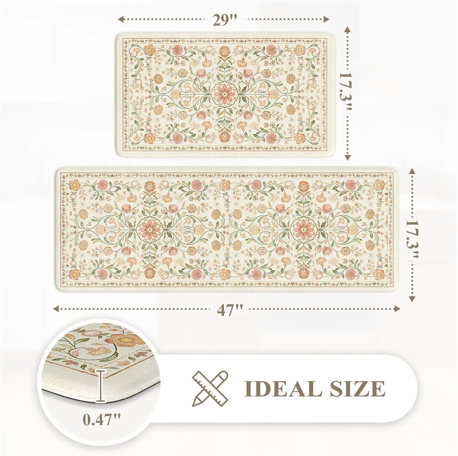 KIMODE Anti Fatigue Mats for Kitchen Floor Non Slip,Farmhouse Boho Floral Standing Kitchen Rugs Sets of 2,Comfort Cushioned Padded Ergonomic Carpet for Laundry Sink Office,Beige