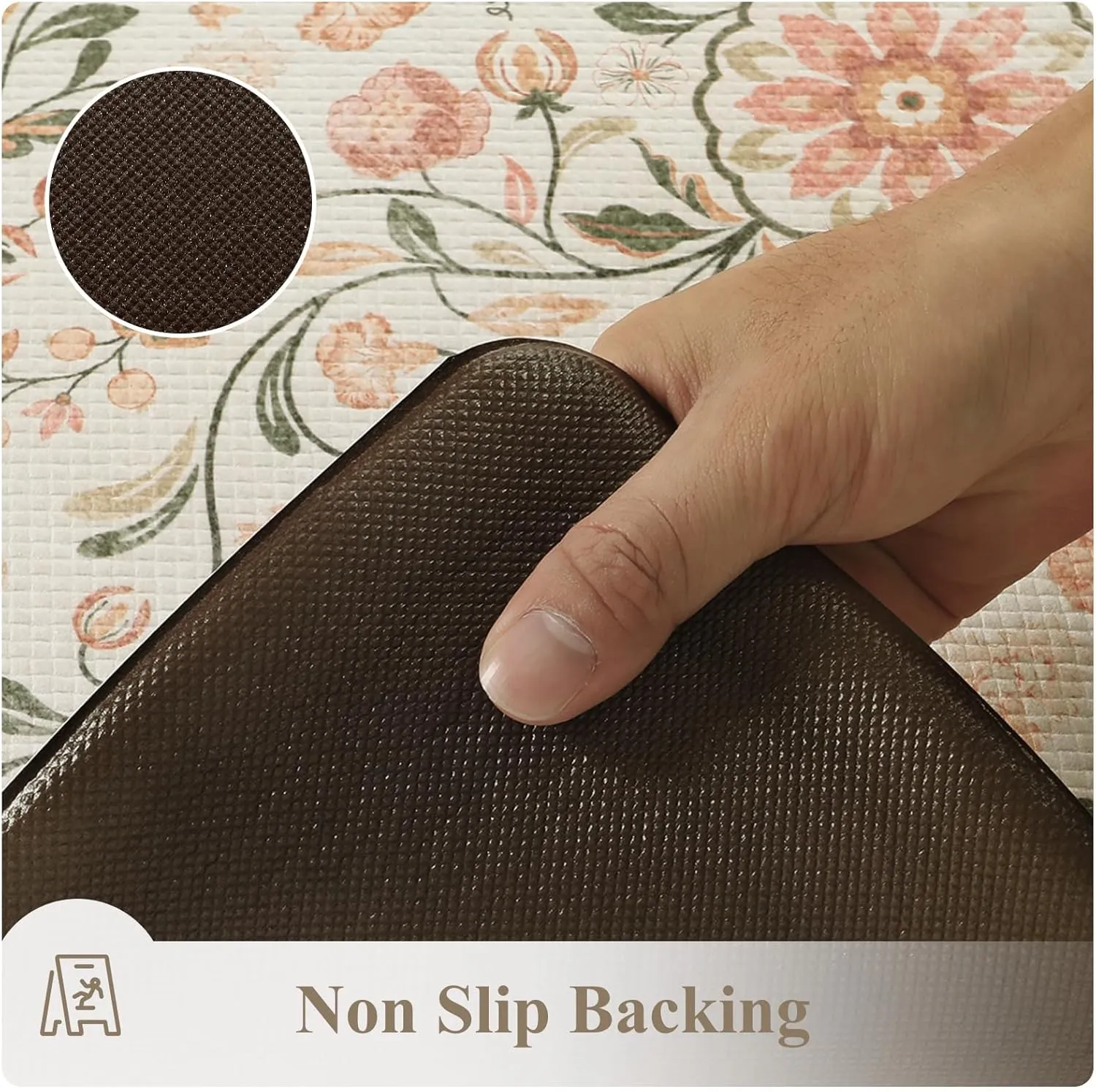 KIMODE Anti Fatigue Mats for Kitchen Floor Non Slip,Farmhouse Boho Floral Standing Kitchen Rugs Sets of 2,Comfort Cushioned Padded Ergonomic Carpet for Laundry Sink Office,Beige