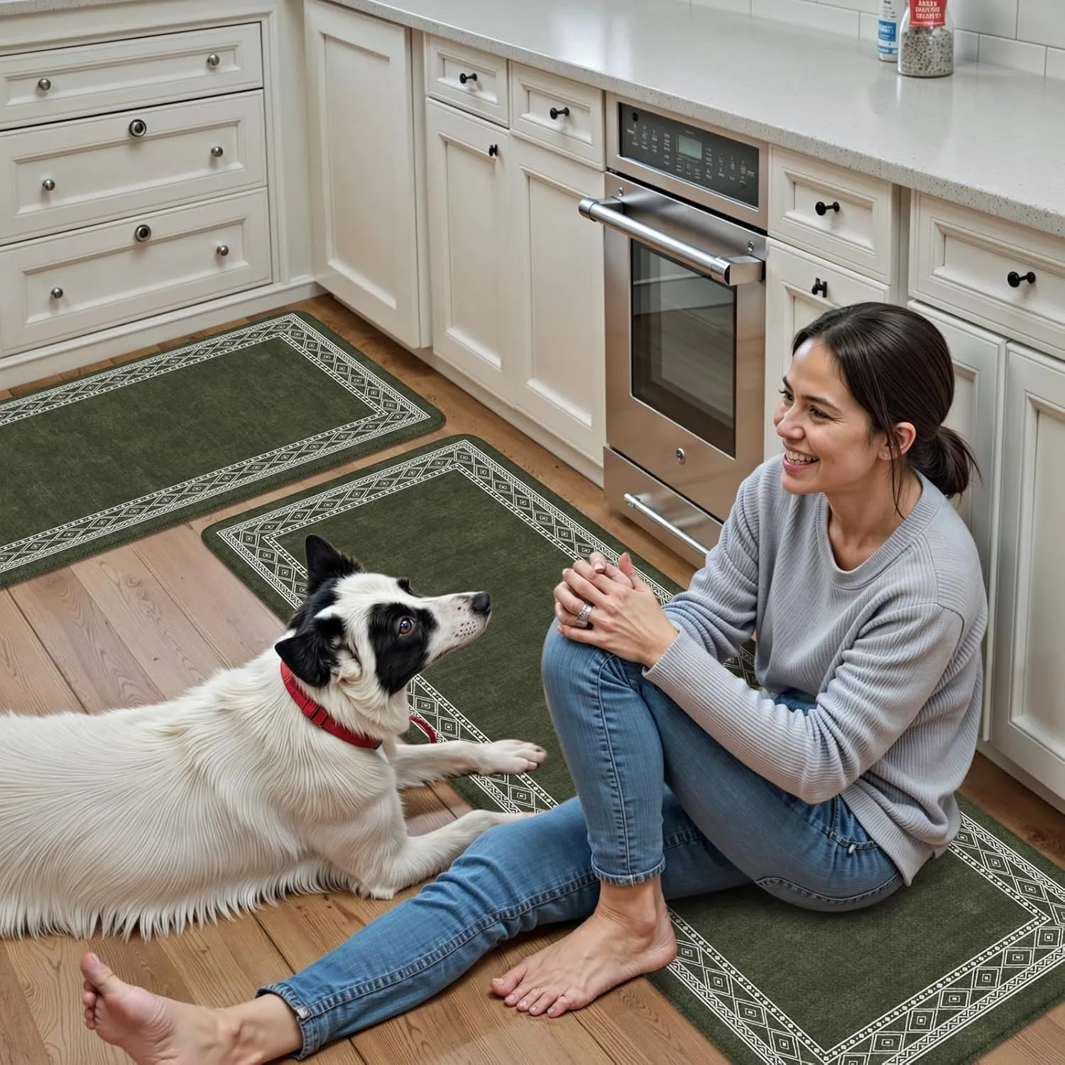KIMODE Christmas Anti Fatigue Kitchen Mats for Floor 2 Piece, Sage Green Farmhouse Kitchen Rugs 17"x47" 17"x29", Non Slip Waterproof Kitchen Floor Mats, Standing Mats for Laundry Office Sink Desk