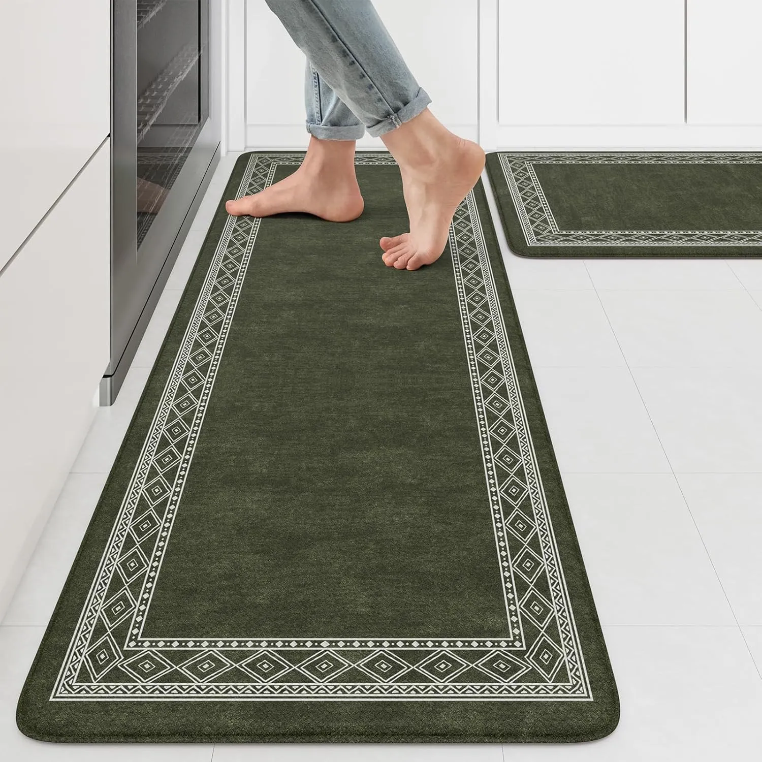 KIMODE Christmas Anti Fatigue Kitchen Mats for Floor 2 Piece, Sage Green Farmhouse Kitchen Rugs 17"x47" 17"x29", Non Slip Waterproof Kitchen Floor Mats, Standing Mats for Laundry Office Sink Desk