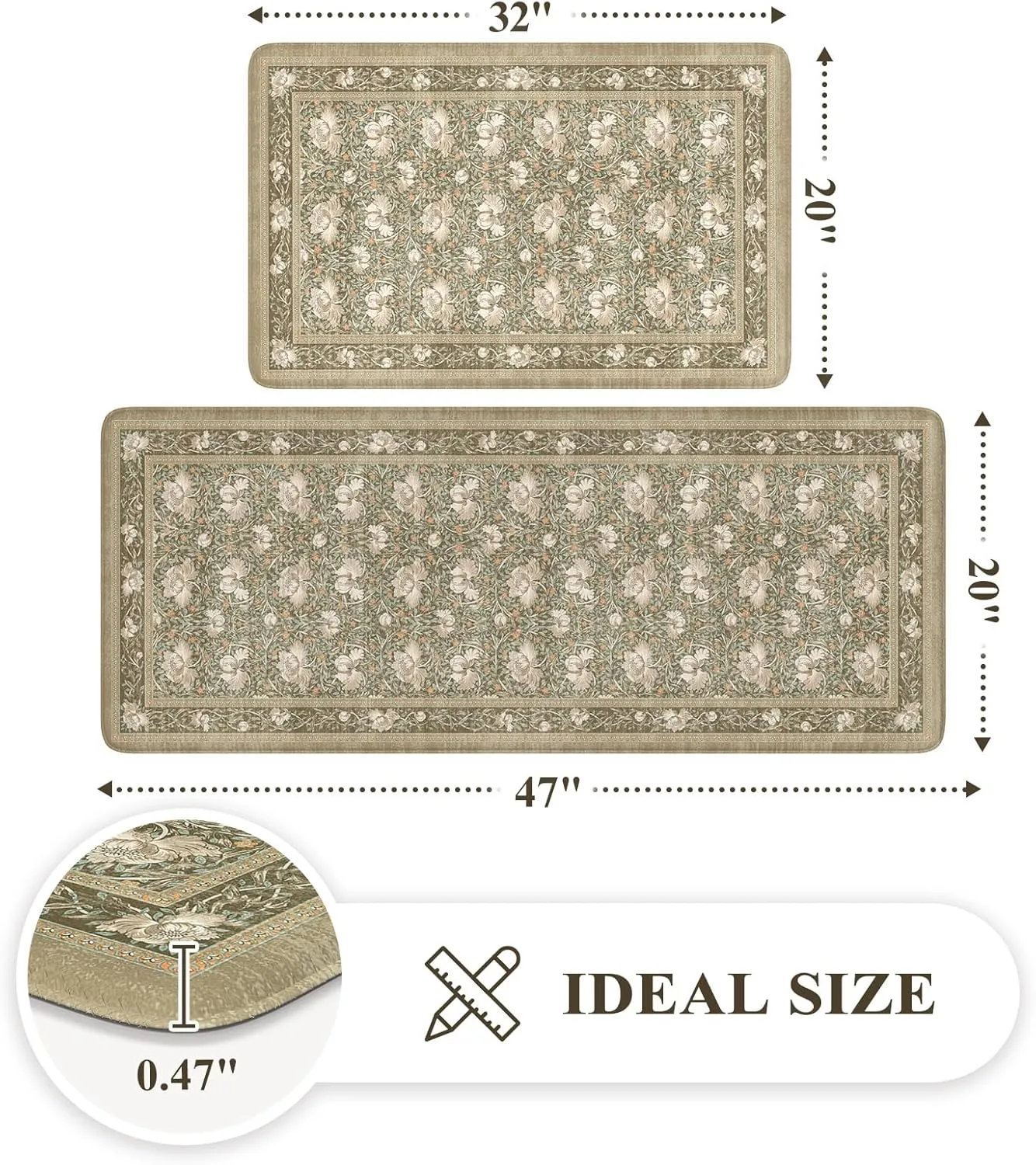 KIMODE Non Slip Kitchen Floor Mats Cushioned Anti Fatigue,Farmhouse Floral Kitchen Sink Rugs Sets of 2,Wide Memory Foam Padded Carpet for Laundry Office Home,Brown