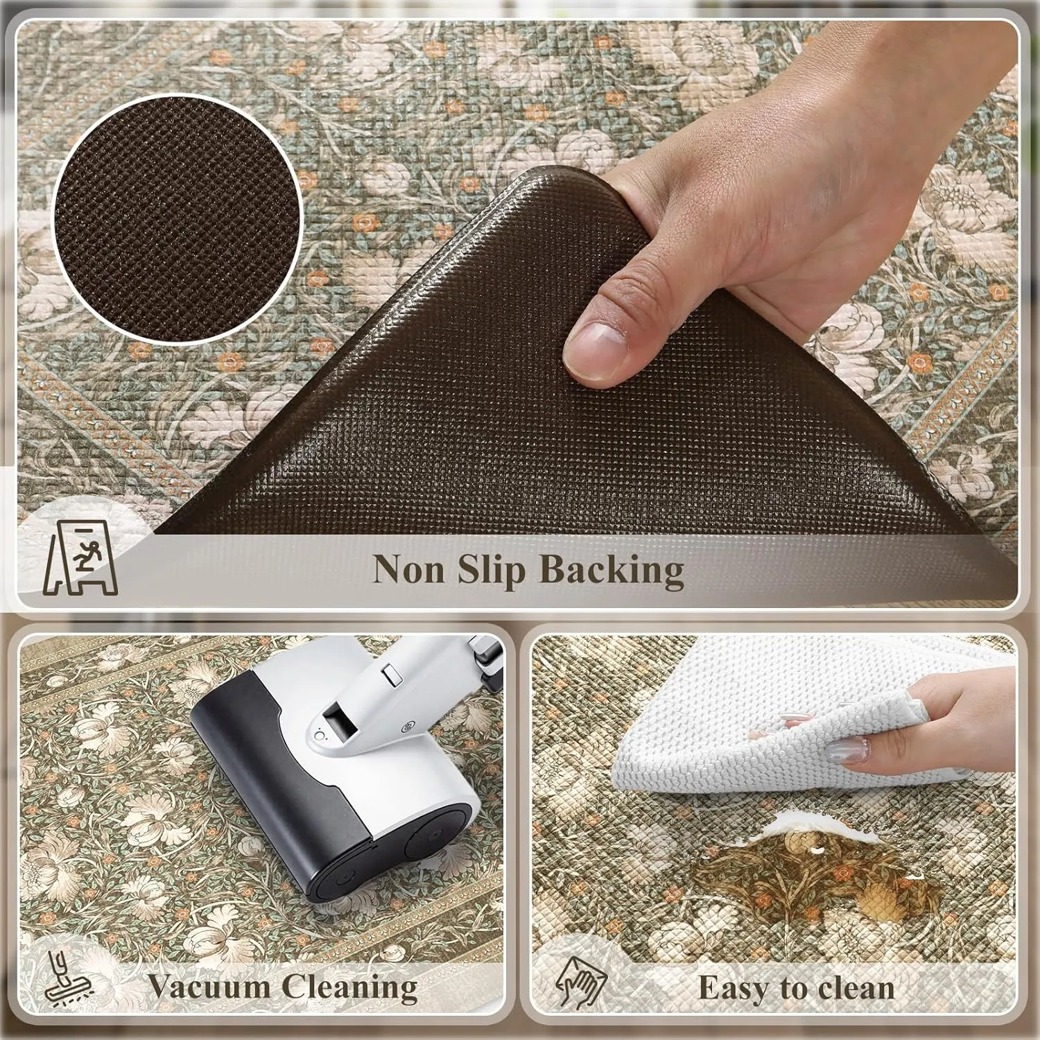 KIMODE Non Slip Kitchen Floor Mats Cushioned Anti Fatigue,Farmhouse Floral Kitchen Sink Rugs Sets of 2,Wide Memory Foam Padded Carpet for Laundry Office Home,Brown
