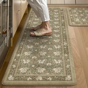 KIMODE Non Slip Kitchen Floor Mats Cushioned Anti Fatigue,Farmhouse Floral Kitchen Sink Rugs Sets of 2,Wide Memory Foam Padded Carpet for Laundry Office Home,Brown