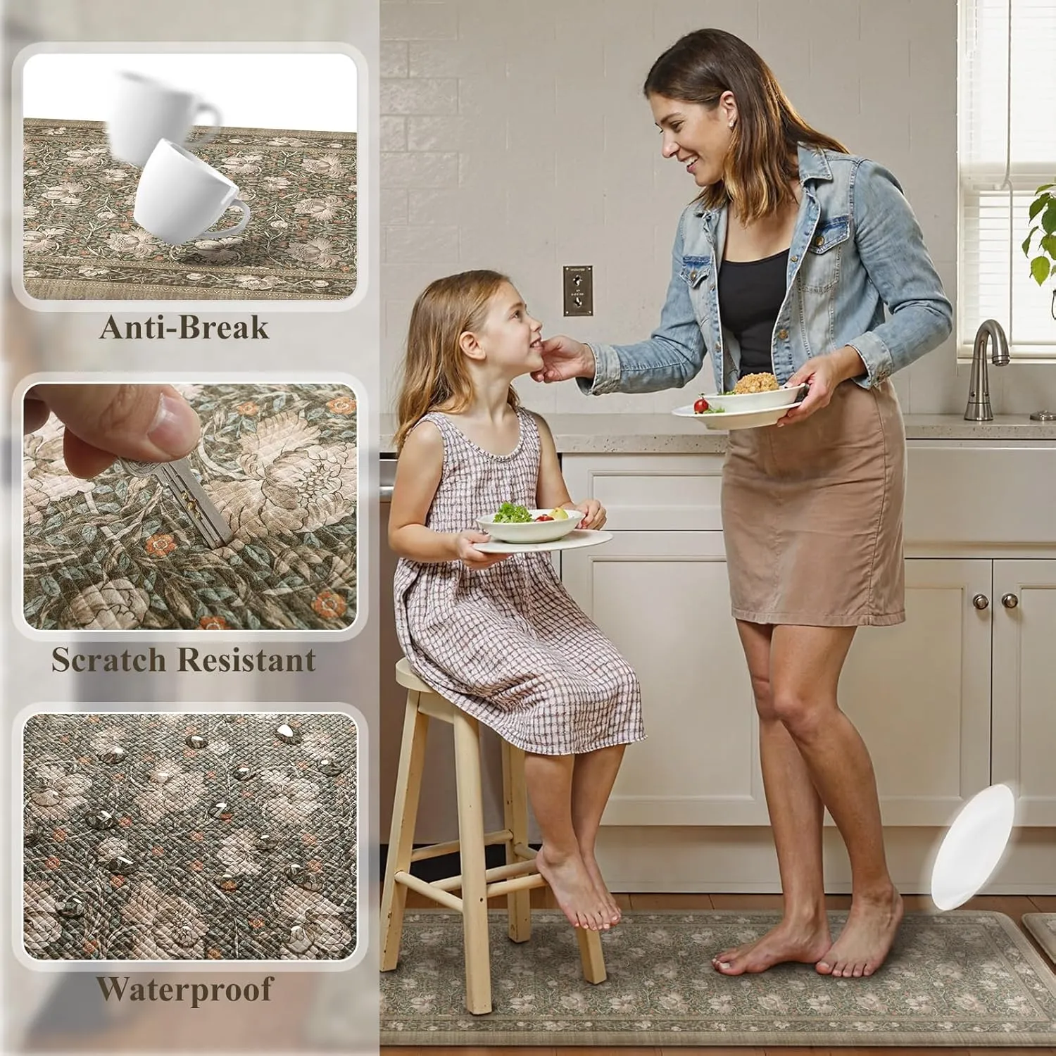 KIMODE Non Slip Kitchen Floor Mats Cushioned Anti Fatigue,Farmhouse Floral Kitchen Sink Rugs Sets of 2,Wide Memory Foam Padded Carpet for Laundry Office Home,Brown