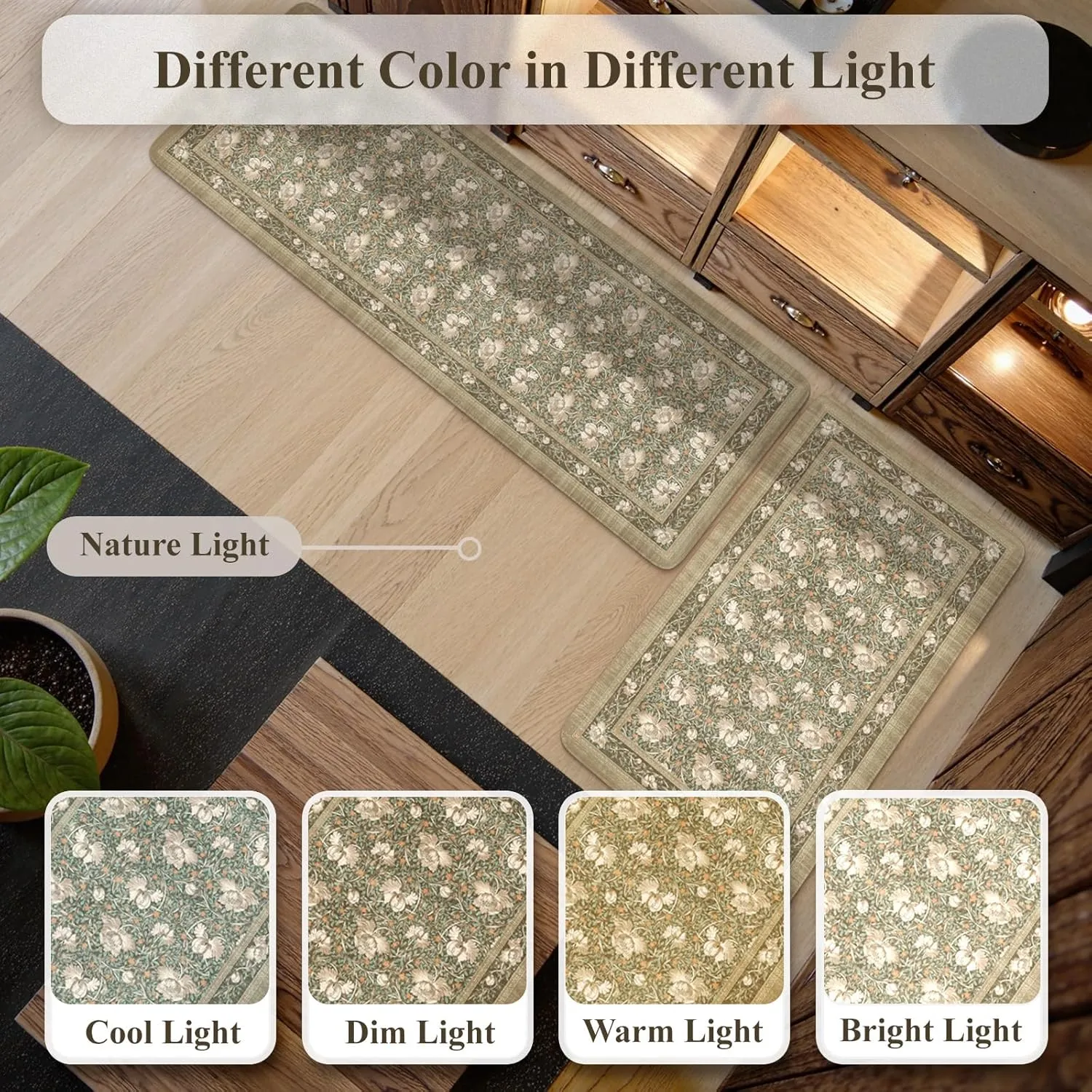 KIMODE Non Slip Kitchen Floor Mats Cushioned Anti Fatigue,Farmhouse Floral Kitchen Sink Rugs Sets of 2,Wide Memory Foam Padded Carpet for Laundry Office Home,Brown