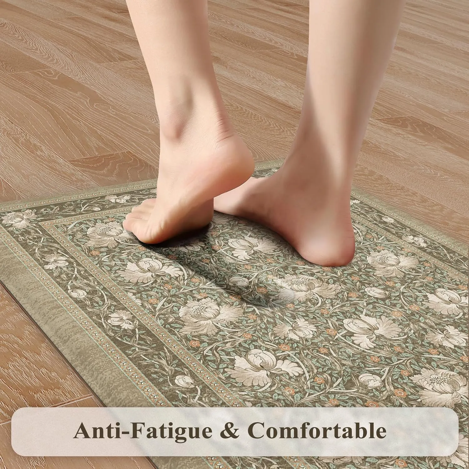 KIMODE Non Slip Kitchen Floor Mats Cushioned Anti Fatigue,Farmhouse Floral Kitchen Sink Rugs Sets of 2,Wide Memory Foam Padded Carpet for Laundry Office Home,Brown