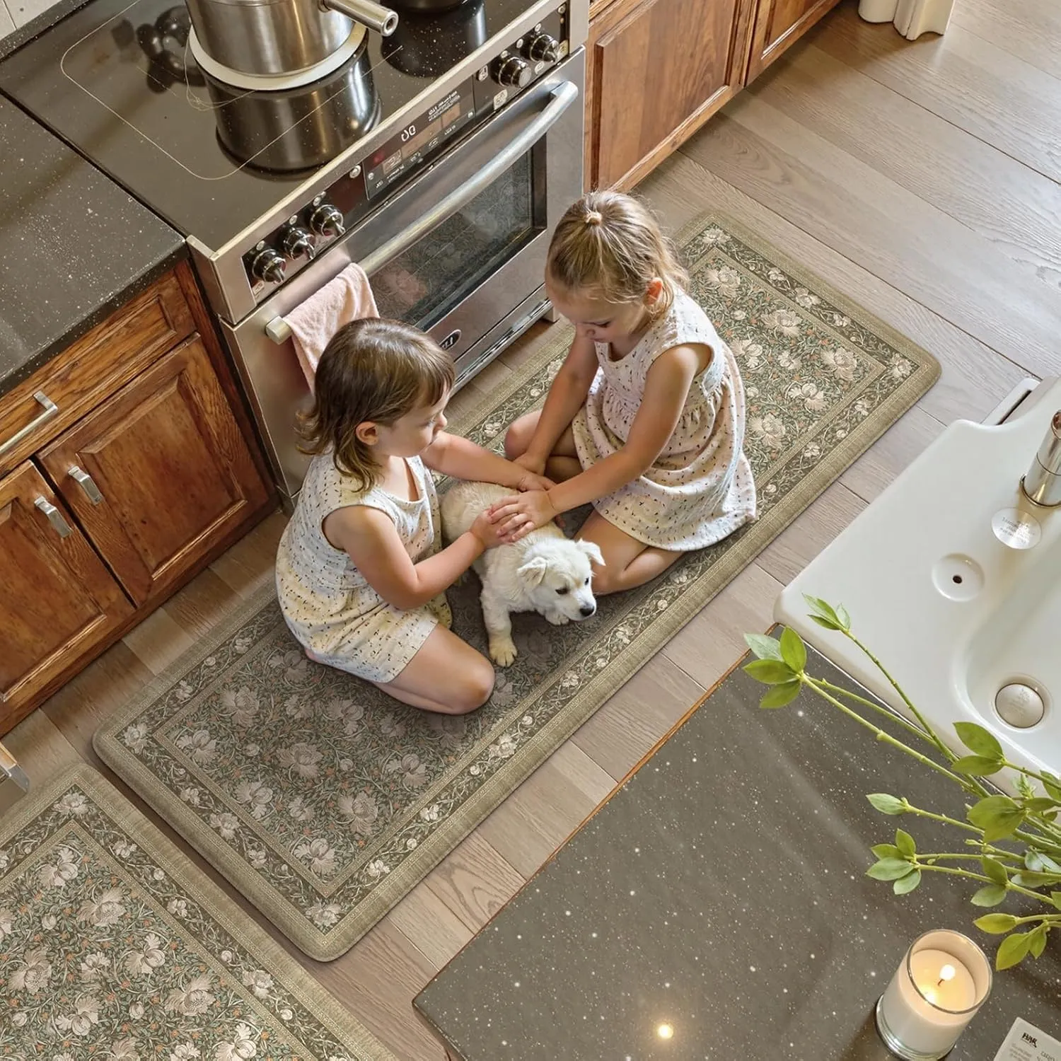 KIMODE Non Slip Kitchen Floor Mats Cushioned Anti Fatigue,Farmhouse Floral Kitchen Sink Rugs Sets of 2,Wide Memory Foam Padded Carpet for Laundry Office Home,Brown