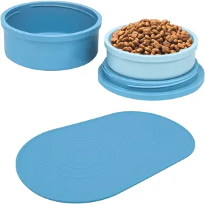 KindTail Pet Bowl Set   Silicone Pet Food Mat - Includes (2) Portable Pet Bowls with Lid & Handle   (1) Waterproof Pet Feeding Mat - Made from Food-Grade, Dishwasher-Safe Materials - BPA & Toxin-Free