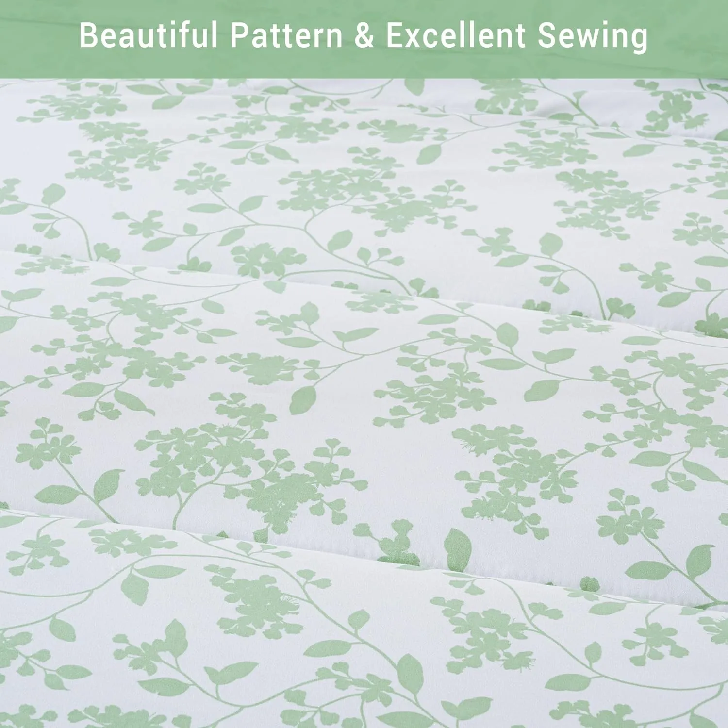 King Size Comforter Set, Floral Printed 7 Piece Bag in a Bag Bedding Set， All Season Lightweight Farmhouse Comforter with Sheets, Green Leaves Botanical Pattern