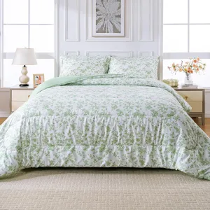 King Size Comforter Set, Floral Printed 7 Piece Bag in a Bag Bedding Set， All Season Lightweight Farmhouse Comforter with Sheets, Green Leaves Botanical Pattern