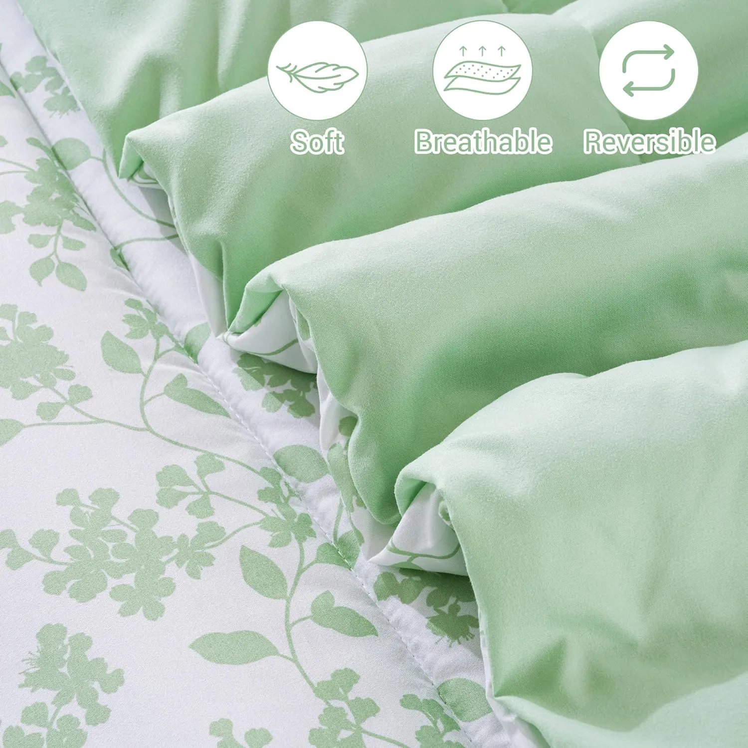 King Size Comforter Set, Floral Printed 7 Piece Bag in a Bag Bedding Set， All Season Lightweight Farmhouse Comforter with Sheets, Green Leaves Botanical Pattern