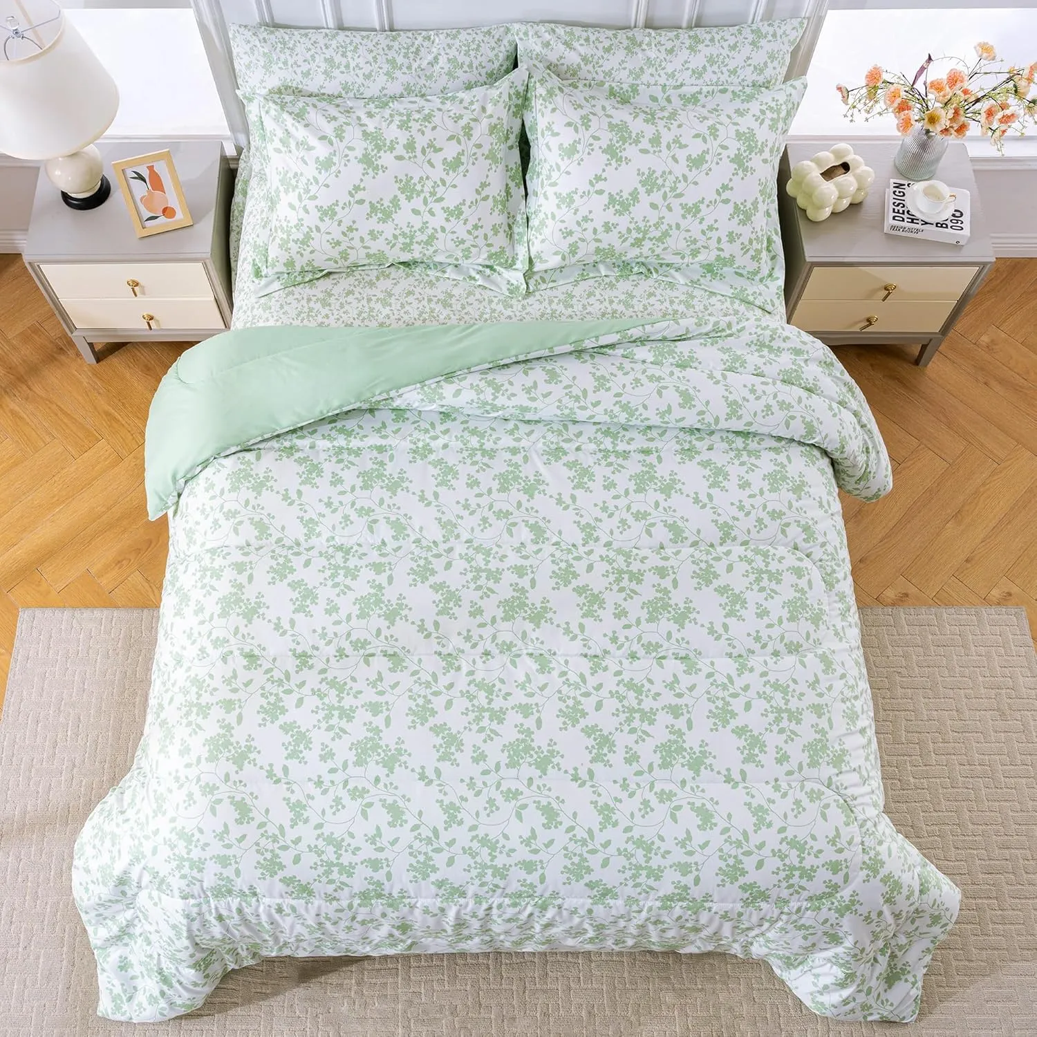 King Size Comforter Set, Floral Printed 7 Piece Bag in a Bag Bedding Set， All Season Lightweight Farmhouse Comforter with Sheets, Green Leaves Botanical Pattern