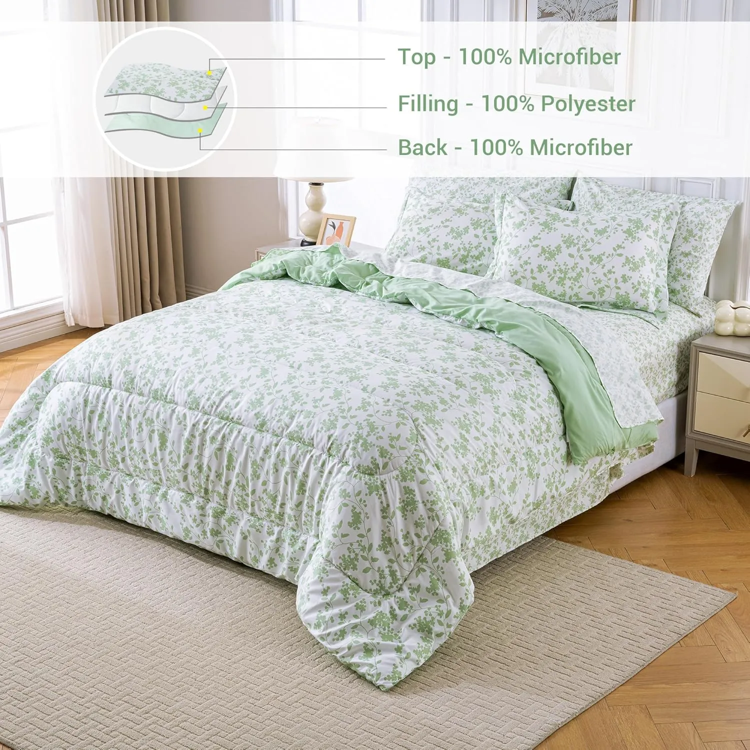 King Size Comforter Set, Floral Printed 7 Piece Bag in a Bag Bedding Set， All Season Lightweight Farmhouse Comforter with Sheets, Green Leaves Botanical Pattern