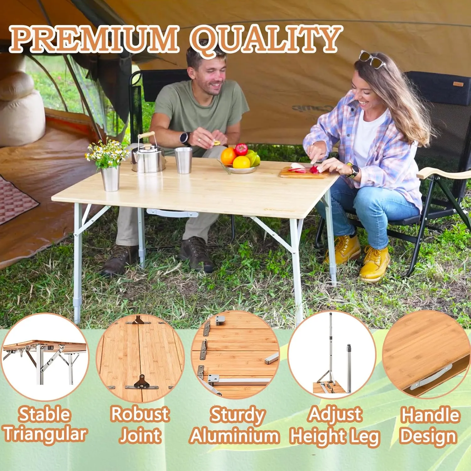 KingCamp Bamboo Folding Camping Table with Adjustable Height Aluminum Legs 2-Folds Portable Camp Tables for Travel, Picnic, 4-6 People