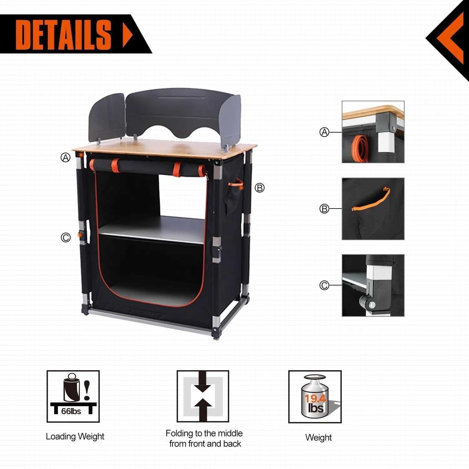 KingCamp Foldable Cook Prep Station Serve Cart Camper's Kitchen Aluminum Frame Bamboo Desktop Cooking Table with Storage Organizer, Windscreen for Camping, Picnic, BBQ and Outdoor