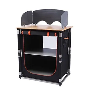 KingCamp Foldable Cook Prep Station Serve Cart Camper's Kitchen Aluminum Frame Bamboo Desktop Cooking Table with Storage Organizer, Windscreen for Camping, Picnic, BBQ and Outdoor