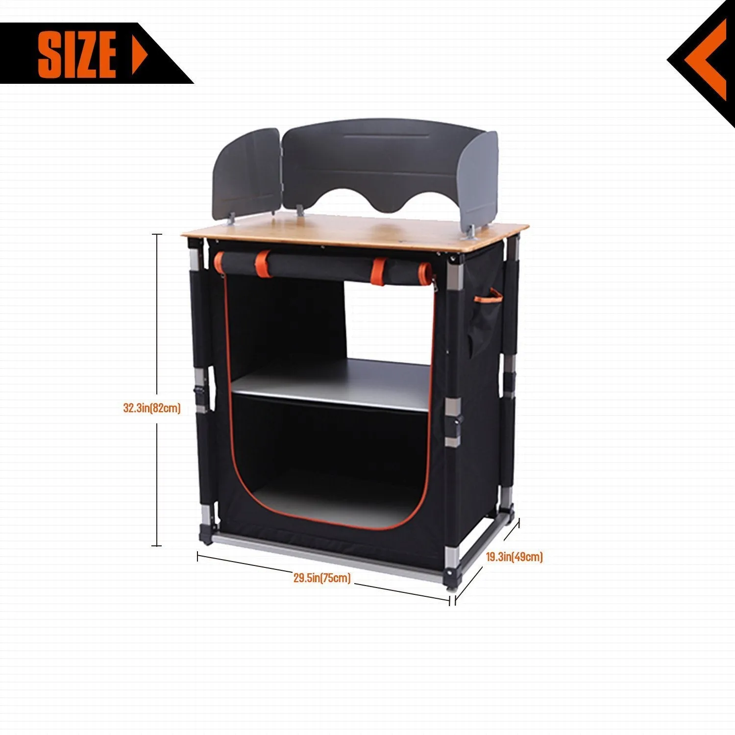 KingCamp Foldable Cook Prep Station Serve Cart Camper's Kitchen Aluminum Frame Bamboo Desktop Cooking Table with Storage Organizer, Windscreen for Camping, Picnic, BBQ and Outdoor
