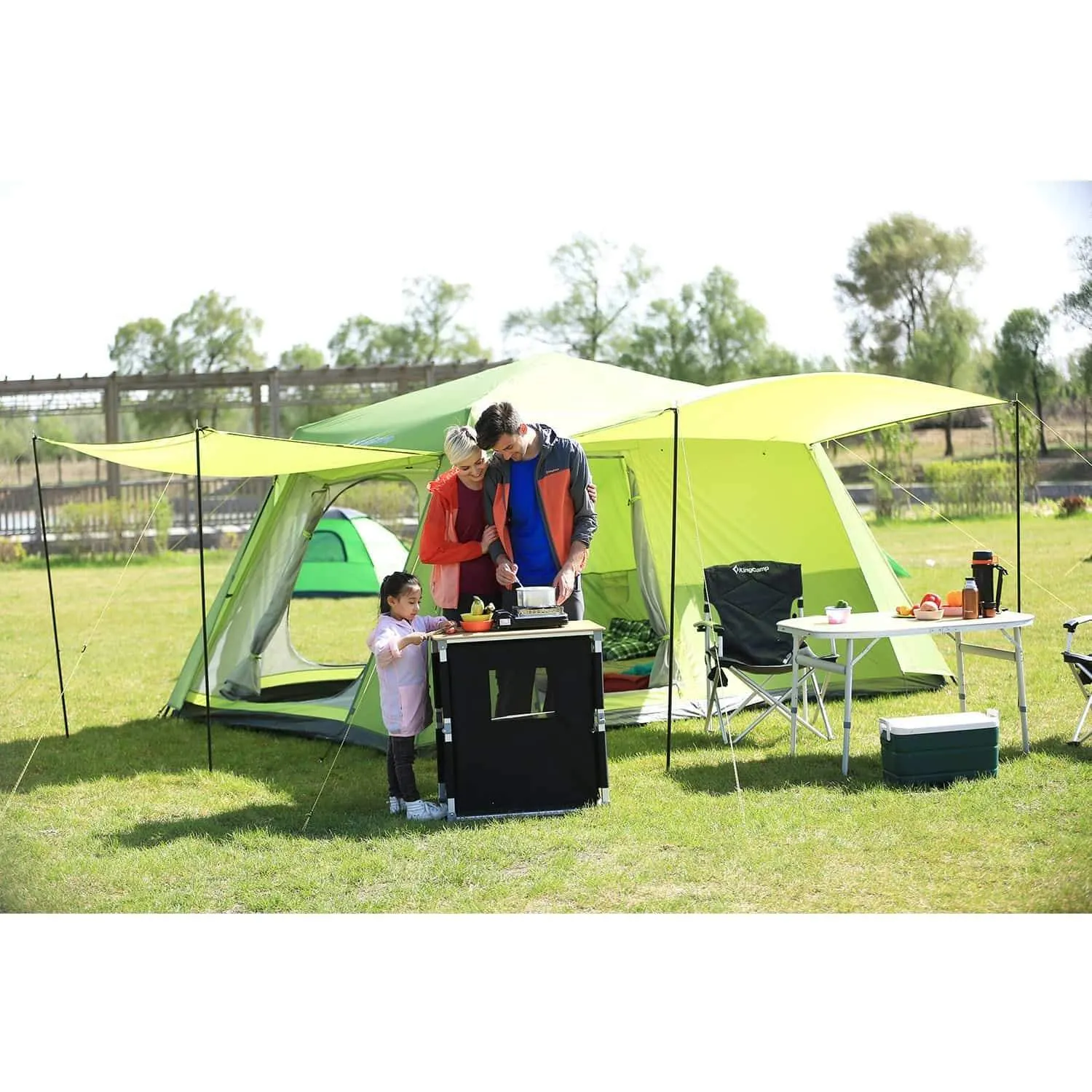 KingCamp Foldable Cook Prep Station Serve Cart Camper's Kitchen Aluminum Frame Bamboo Desktop Cooking Table with Storage Organizer, Windscreen for Camping, Picnic, BBQ and Outdoor